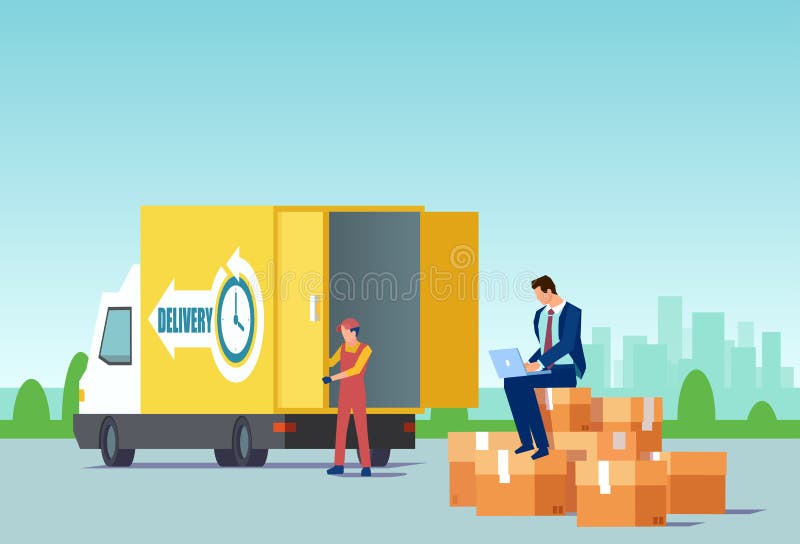Vetor de um homem de negócios que vende os produtos que usam em linha serviços de entrega rápidos ilustração stock Vetor de um homem de negócios que vende os produtos que usam em linha serviços de entrega rápidos ilustração stock