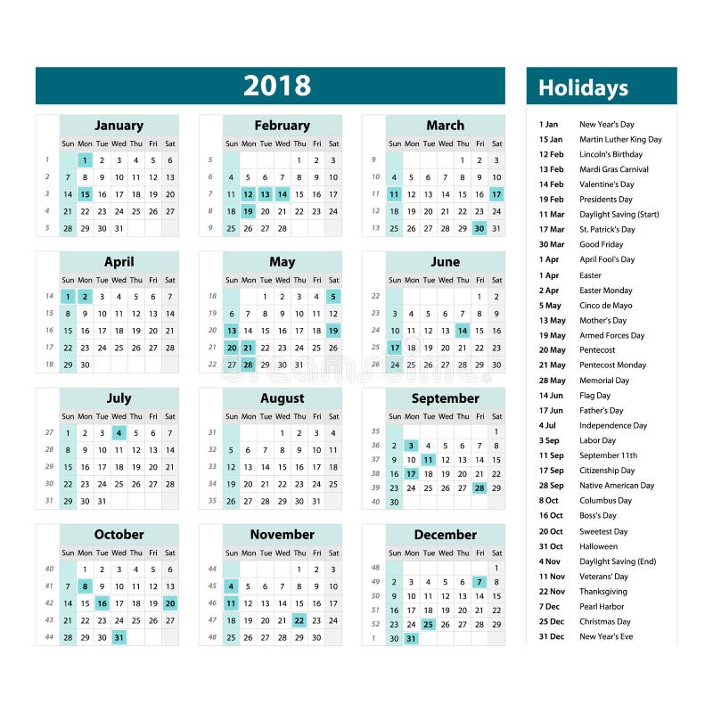 Vetor do calendário e dos feriados do ano 2018 novo denomine a cor azul, planejador de evento do feriado, começos domingo da sema ilustração stock Vetor do calendário e dos feriados do ano 2018 novo denomine a cor azul, planejador de evento do feriado, começos domingo da sema ilustração stock