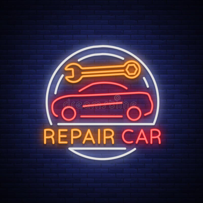 Vetor do logotipo do reparo do serviço do carro, emblema do sinal de néon Vector a ilustração, reparo do carro, quadro indicador ilustração royalty free Vetor do logotipo do reparo do serviço do carro, emblema do sinal de néon Vector a ilustração, reparo do carro, quadro indicador ilustração royalty free