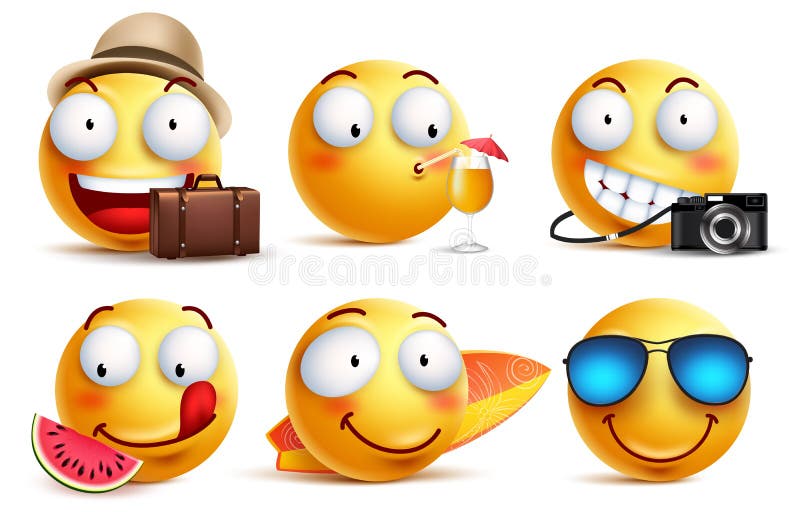 Vetor dos smiley do verão ajustado com expressões faciais Emoticons amarelos da cara do smiley