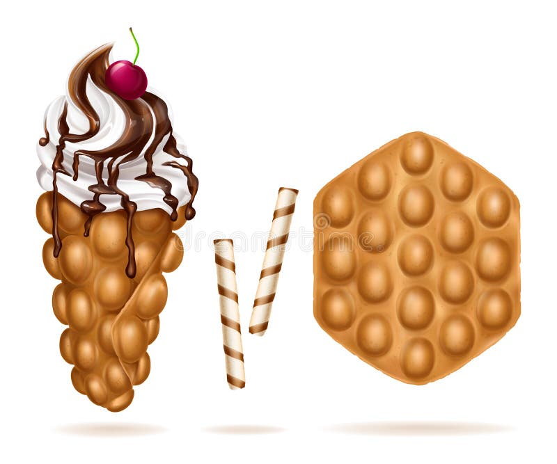 Vector realistic illustration of appetizing Hong Kong egg bubble waffles with ice-cream, decorated fresh cherry, poured chocolate. Belgian sweet dessert with cookies isolated on white background. Vector realistic illustration of appetizing Hong Kong egg bubble waffles with ice-cream, decorated fresh cherry, poured chocolate. Belgian sweet dessert with cookies isolated on white background.