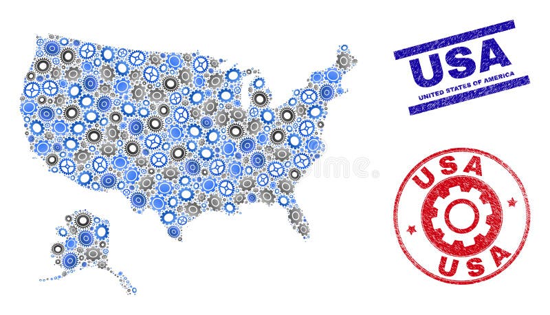 Vetor industrial EUA da colagem com selos do mapa e do Grunge de Alaska ilustração stock Vetor industrial EUA da colagem com selos do mapa e do Grunge de Alaska ilustração stock