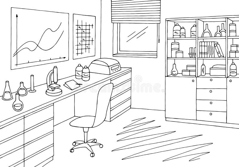 Vetor interior branco preto gráfico da ilustração do esboço do laboratório ilustração royalty free Vetor interior branco preto gráfico da ilustração do esboço do laboratório ilustração royalty free