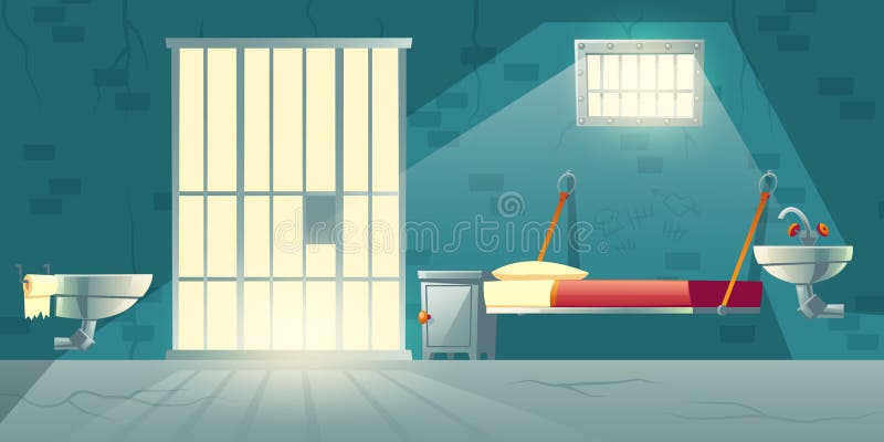 Dark prison cell interior cartoon vector with metal bars on window, bunk bed, toilet bowl, washbasin and scratched, cracked brick walls illustration. Jail single-celling facility for dangerous prison. Dark prison cell interior cartoon vector with metal bars on window, bunk bed, toilet bowl, washbasin and scratched, cracked brick walls illustration. Jail single-celling facility for dangerous prison