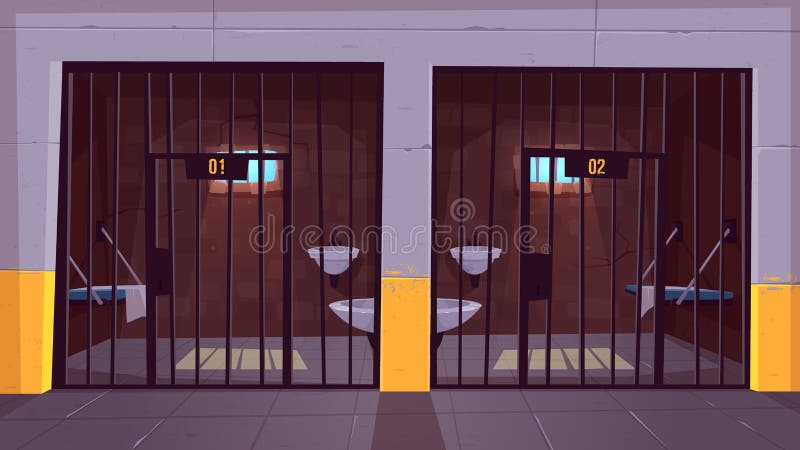 Prison corridor with two empty single cells behind steel bars cartoon vector. Jail facility interior with bunk bed, toilet bowl, washbasin and cell number on doors illustration. Imprisonment place. Prison corridor with two empty single cells behind steel bars cartoon vector. Jail facility interior with bunk bed, toilet bowl, washbasin and cell number on doors illustration. Imprisonment place