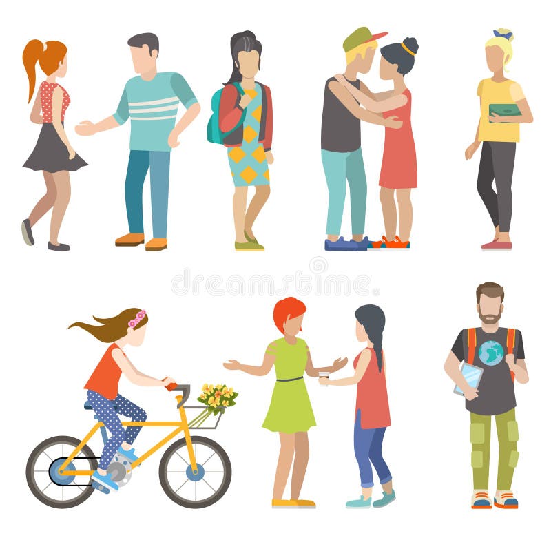 Casual urban young people bicycle skater student couple flat web infographic concept vector icon set. Group creative young male female city bicycle skate board couple dating student male female. Casual urban young people bicycle skater student couple flat web infographic concept vector icon set. Group creative young male female city bicycle skate board couple dating student male female.