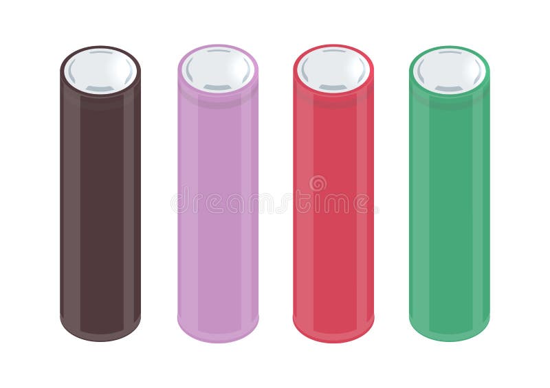 Popular 18650 accumulator form factor flat vector. Chocolate, red, green and purple colors of vape accumulators. Popular 18650 accumulator form factor flat vector. Chocolate, red, green and purple colors of vape accumulators.