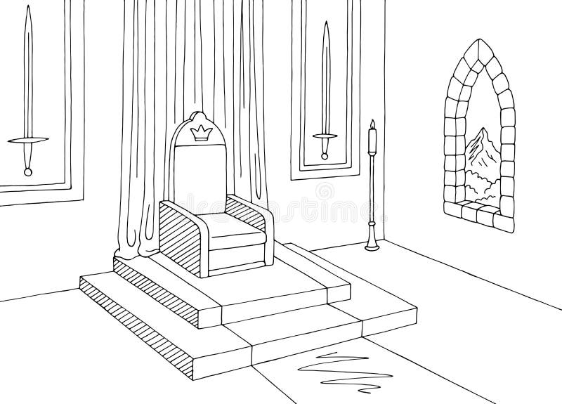 Vetor medieval branco preto interior da ilustração do esboço do castelo gráfico da sala do trono ilustração stock Vetor medieval branco preto interior da ilustração do esboço do castelo gráfico da sala do trono ilustração stock