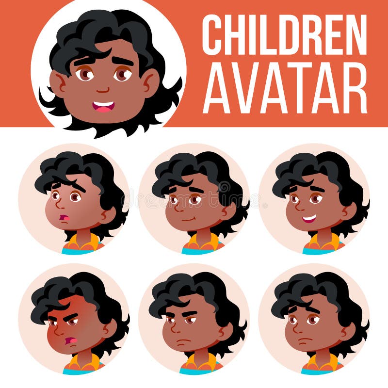 Vetor preto, afro-americano da criança do grupo do Avatar do menino kindergarten Enfrente emoções Retrato, usuário, criança Júnio ilustração stock Vetor preto, afro-americano da criança do grupo do Avatar do menino kindergarten Enfrente emoções Retrato, usuário, criança Júnio ilustração stock
