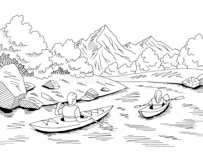 Vetor preto gráfico da ilustração do esboço da paisagem de White River do curso do barco do caiaque ilustração stock Vetor preto gráfico da ilustração do esboço da paisagem de White River do curso do barco do caiaque ilustração stock