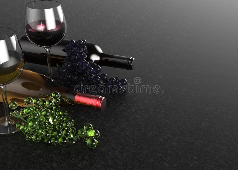 Vetri e bottiglie di vino rosso e bianco Uva su fondo nero illustrazione 3D fotografia stock Vetri e bottiglie di vino rosso e bianco Uva su fondo nero illustrazione 3D fotografia stock