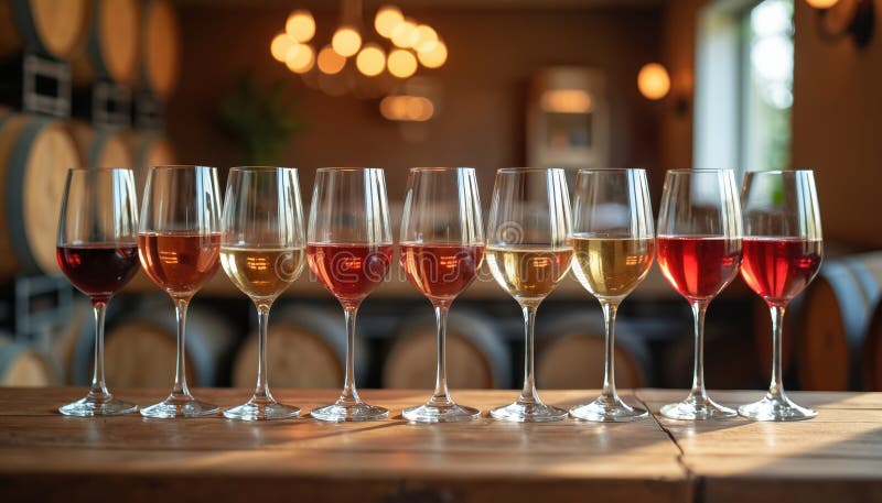 Vetri eleganti con rosa bianca rossa appiccicata in vino rustico. Assortimento di vintage per festeggiare la festa del vino. Luce illustrazione vettoriale