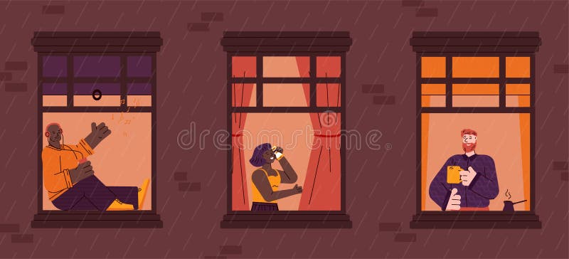 Windows with neighbors people cartoon characters daily life in their apartments - drinking tea, talking on the phone and resting, colorful flat vector illustration. Windows with neighbors people cartoon characters daily life in their apartments - drinking tea, talking on the phone and resting, colorful flat vector illustration.