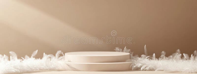 Vetrina per la visualizzazione di pentole eleganti con piume e luce morbida immagine stock