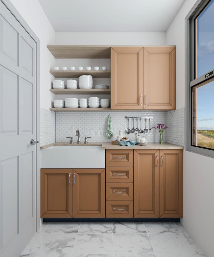 Vetrine in cucina eleganti armadi in legno e ripiani aperti riempiti di piatti in ceramica. Immagini luminose naturali illustrazione vettoriale