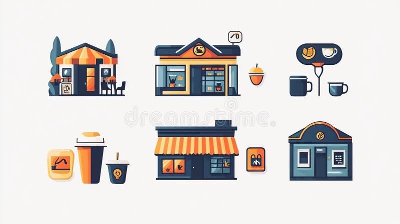 Vetrine per caffetteria diverse, comprese le tazze da incasso ed esterne royalty illustrazione gratis