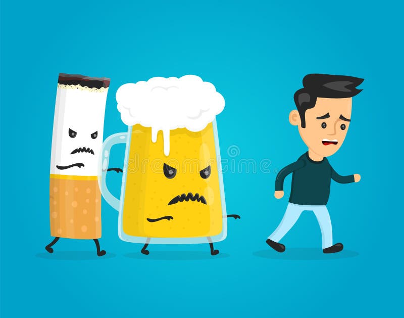 Vetro di birra e della sigaretta che inseguono un uomo royalty illustrazione gratis Vetro di birra e della sigaretta che inseguono un uomo royalty illustrazione gratis