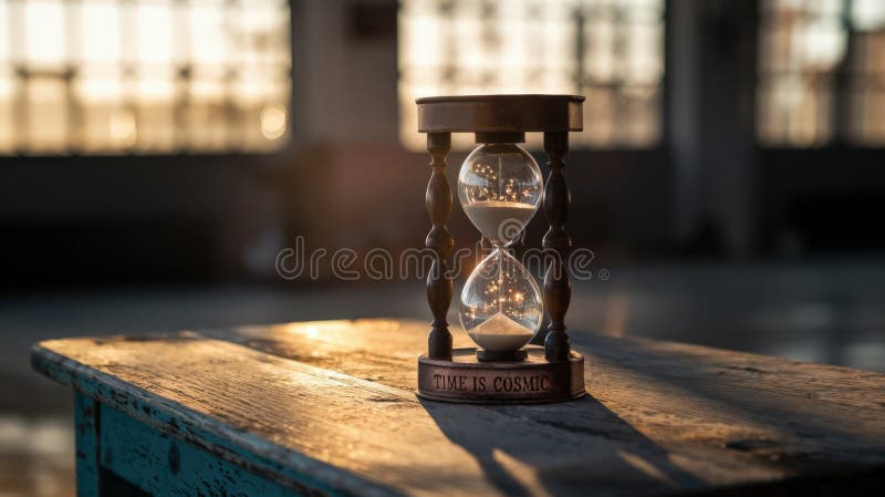 Vetro di legno con sabbia che scorre all'interno di una tavola di legno rustica in un interno illuminato da sole e industrializzat royalty illustrazione gratis
