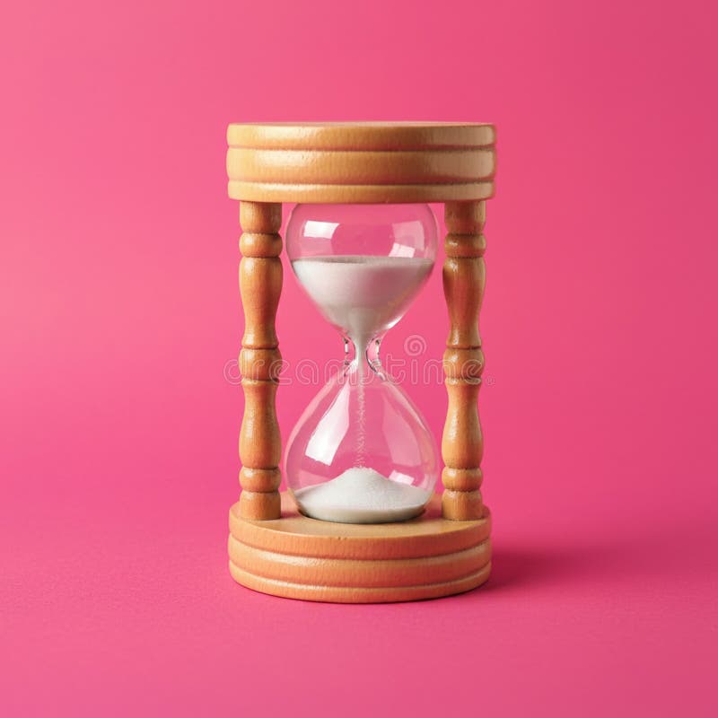 Vetro di legno con vetro trasparente e sabbia bianca posta su un rosa vibrante illustrazione di stock