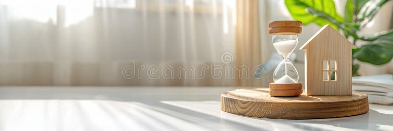Vetro di legno e piccolo modello di casa in legno su una base rotonda in una stanza luminosa moderna che simboleggia l’affitto di illustrazione di stock