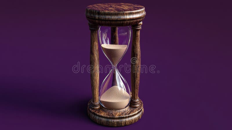 Vetro di legno elegante riempito di sabbia dorata su sfondo viola illustrazione vettoriale