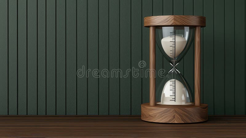 Vetro di legno stagno su una superficie di legno contro una parete verde di misura del tempo royalty illustrazione gratis