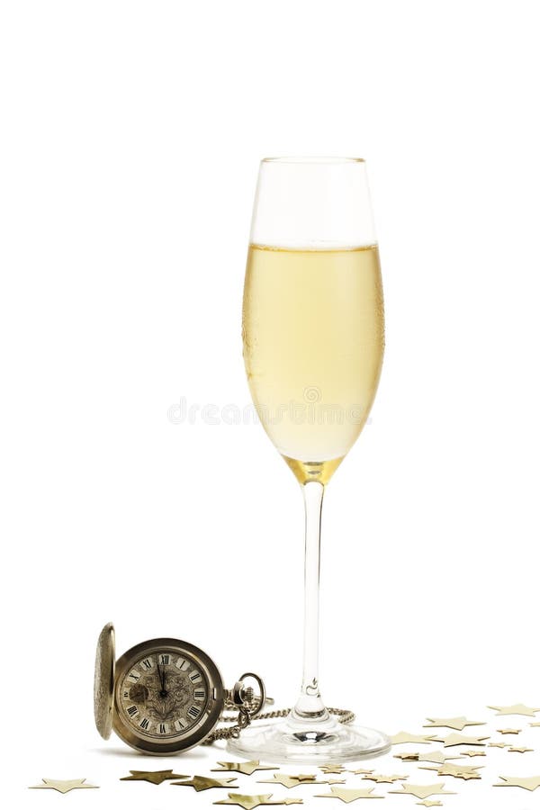 Vetro a freddo di champagne con una vecchia vigilanza di casella immagini stock Vetro a freddo di champagne con una vecchia vigilanza di casella immagini stock