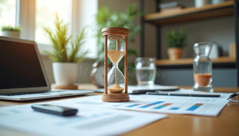 Vetroresina di legno seduta su tavole di legno con documenti finanziari. Vetro per tablet portatile per l'acqua da ufficio sulla s illustrazione vettoriale