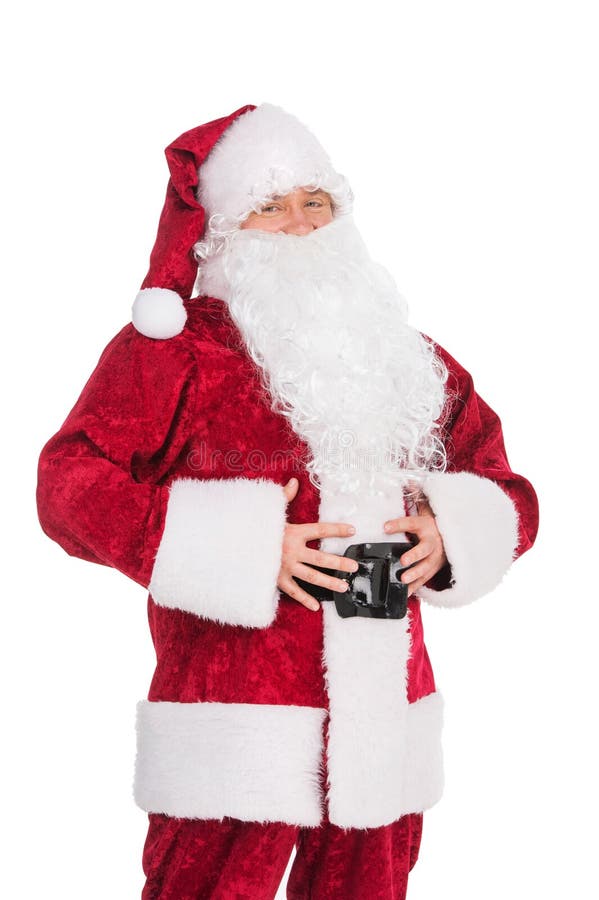 Vette Grappige Santa Claus-holdingsbuik en het bekijken camera. royalty-vrije stock afbeelding Vette Grappige Santa Claus-holdingsbuik en het bekijken camera. royalty-vrije stock afbeelding