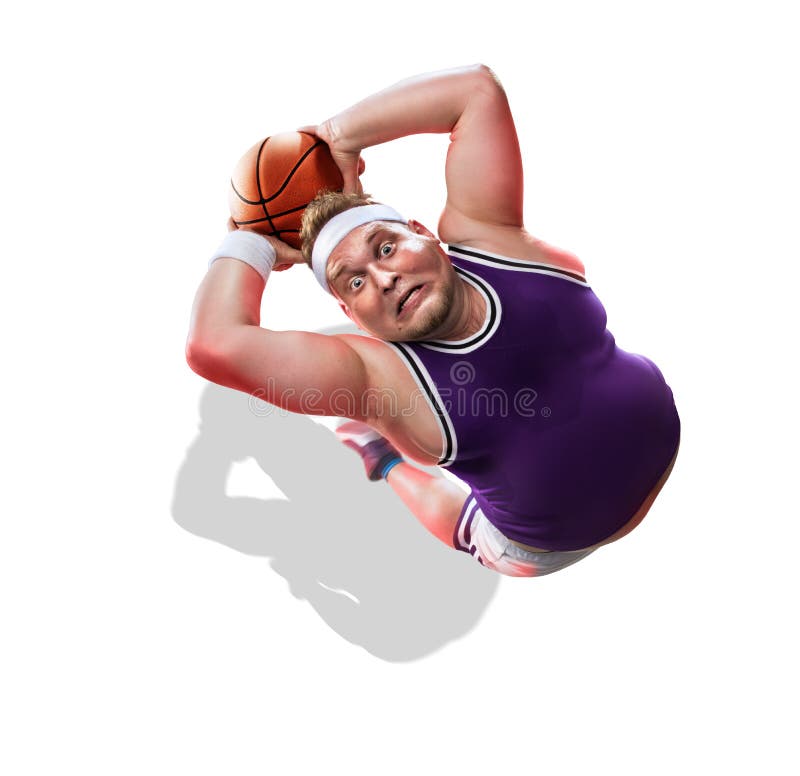 Vette niet professionele basketbalspeler in actie Pret Geïsoleerde stock fotografie Vette niet professionele basketbalspeler in actie Pret Geïsoleerde stock fotografie