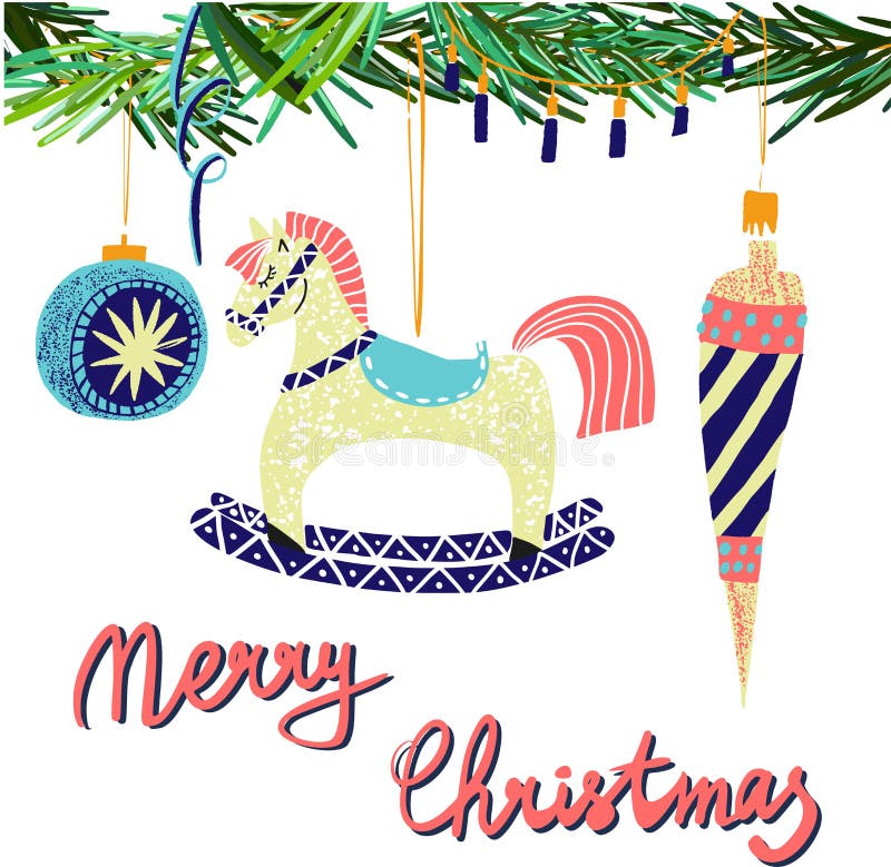 Vettore adorabile grafico scandinavo dei giocattoli e del cavallo a dondolo dell'albero di Natale del modello del collage del nuo illustrazione di stock Vettore adorabile grafico scandinavo dei giocattoli e del cavallo a dondolo dell'albero di Natale del modello del collage del nuo illustrazione di stock
