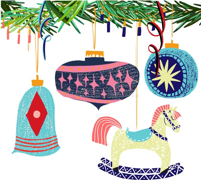 Vettore adorabile grafico scandinavo dei giocattoli e del cavallo a dondolo dell'albero di Natale del modello del collage del nuo illustrazione vettoriale Vettore adorabile grafico scandinavo dei giocattoli e del cavallo a dondolo dell'albero di Natale del modello del collage del nuo illustrazione vettoriale