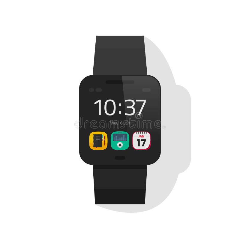 Vettore astuto del nero dell'orologio, orologio digitale della mano, progettazione piana dello smartwatch illustrazione di stock