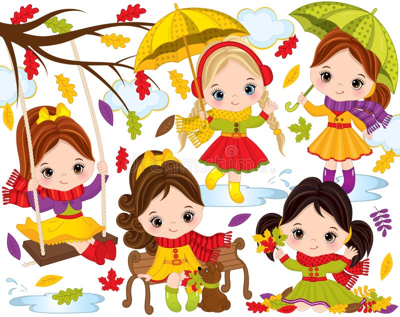 Vettore Autumn Set con le bambine sveglie e le foglie variopinte illustrazione vettoriale