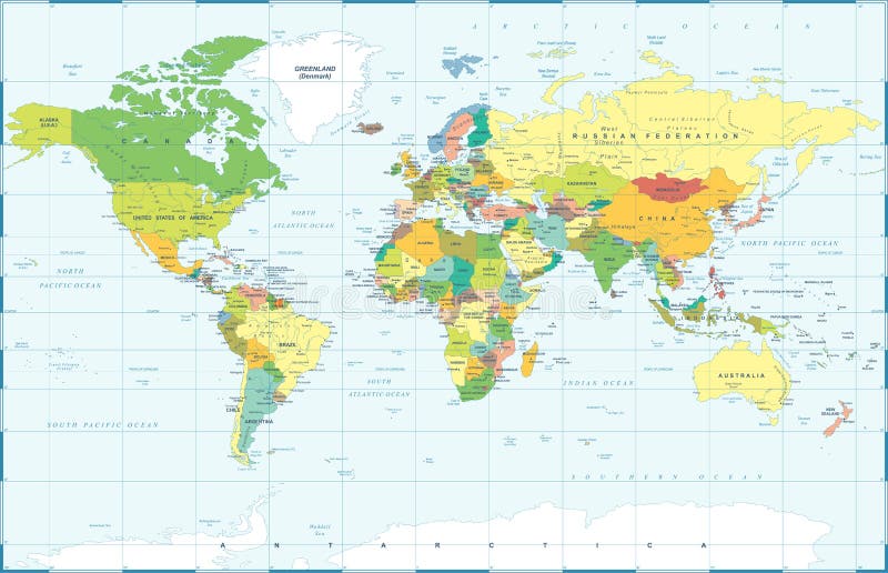 Vettore colorato politico della mappa di mondo illustrazione di stock Vettore colorato politico della mappa di mondo illustrazione di stock