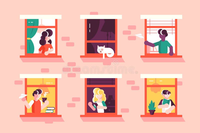 Neighbors character vector illustration flat design. Friendship. House. Neighbors in open windows. Exterior of building with people living inside.Men and women drinking tea,reading,kissing. Brick wall. Neighbors character vector illustration flat design. Friendship. House. Neighbors in open windows. Exterior of building with people living inside.Men and women drinking tea,reading,kissing. Brick wall