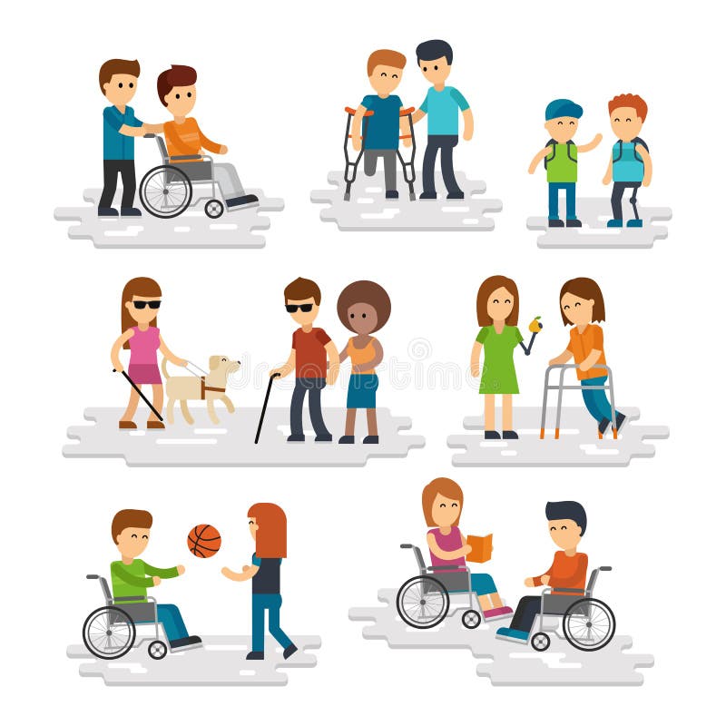 Vettore della persona di inabilità piano Giovani disabili ed amici che li aiutano illustrazione di stock Vettore della persona di inabilità piano Giovani disabili ed amici che li aiutano illustrazione di stock