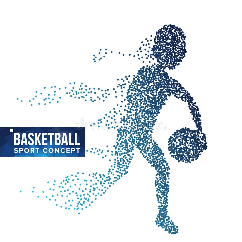 Vettore della siluetta del giocatore di pallacanestro semitono Atleta dinamico di pallacanestro Particelle punteggiate volanti Co illustrazione di stock Vettore della siluetta del giocatore di pallacanestro semitono Atleta dinamico di pallacanestro Particelle punteggiate volanti Co illustrazione di stock