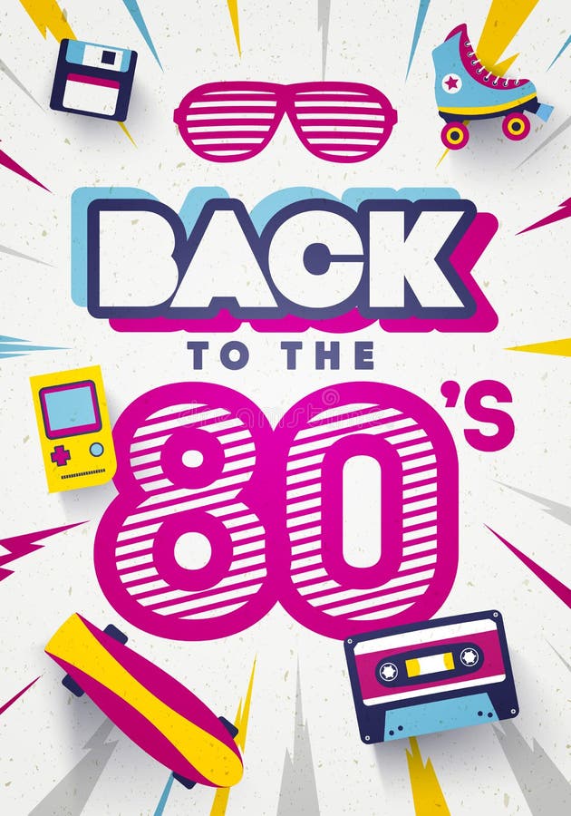 Vettore di nuovo precedenti variopinti degli anni 80 ai retro Manifesto di anni '80 e modello grafici dell'insegna illustrazione di stock