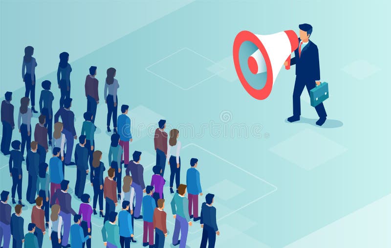 Vettore di un uomo d'affari o di un politico con il megafono che fa un annuncio ad una folla della gente illustrazione vettoriale Vettore di un uomo d'affari o di un politico con il megafono che fa un annuncio ad una folla della gente illustrazione vettoriale