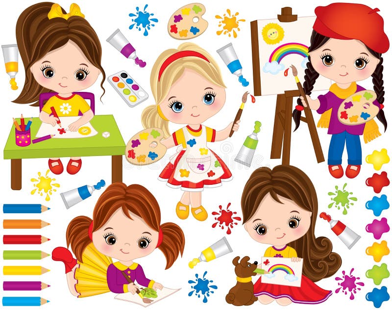 Vettore fissato con le bambine e gli elementi svegli della pittura Piccoli artisti di vettore illustrazione di stock Vettore fissato con le bambine e gli elementi svegli della pittura Piccoli artisti di vettore illustrazione di stock