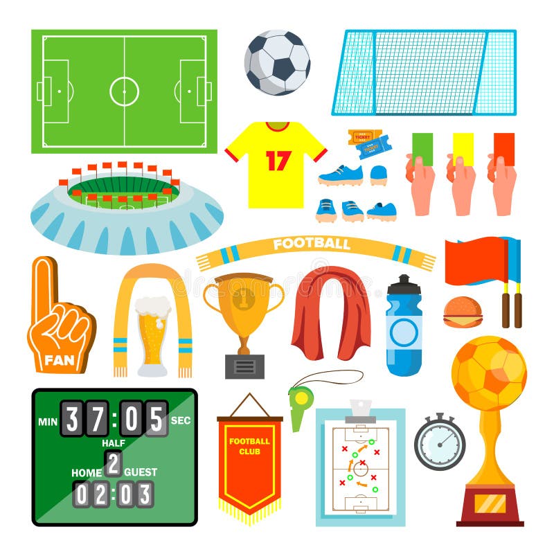 Vettore fissato icone di calcio Accessori di calcio Palla, uniforme, tazza, stivali, tabellone segnapunti, campo Fumetto piano is illustrazione vettoriale Vettore fissato icone di calcio Accessori di calcio Palla, uniforme, tazza, stivali, tabellone segnapunti, campo Fumetto piano is illustrazione vettoriale