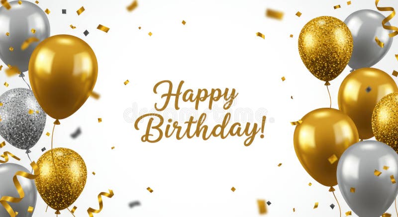 Vettore orizzontale Buon compleanno Balloons Realistici Oro Glitro Bianco illustrazione vettoriale