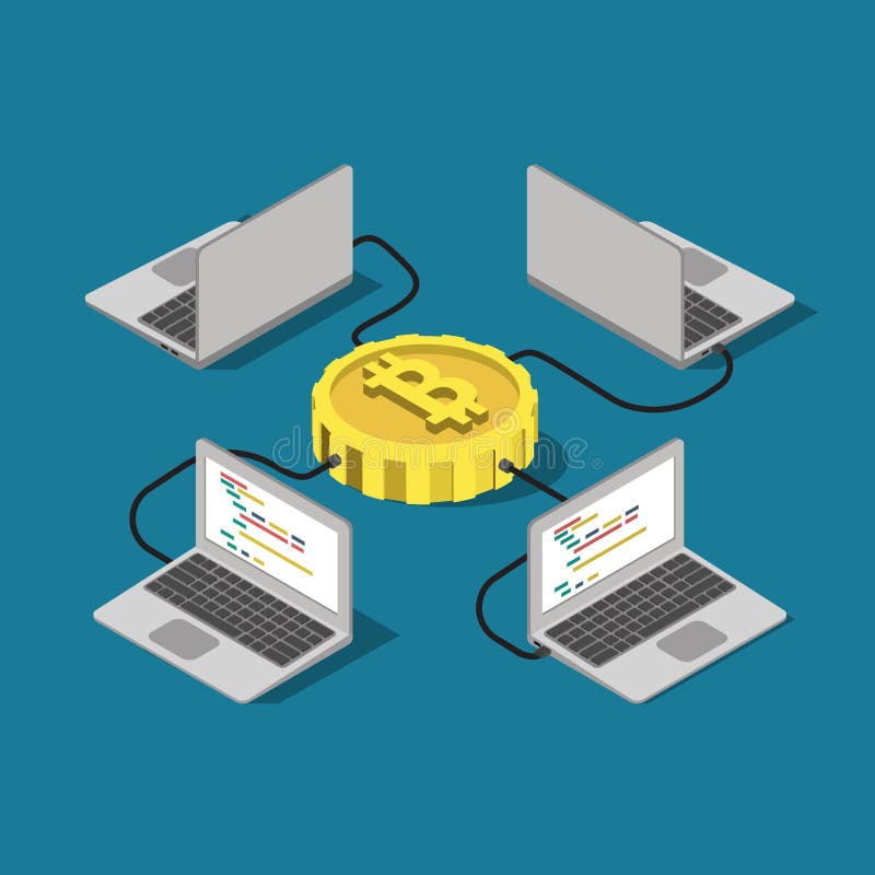 Vettore piano di estrazione mineraria online della connessione di rete di Bitcoin isometrico