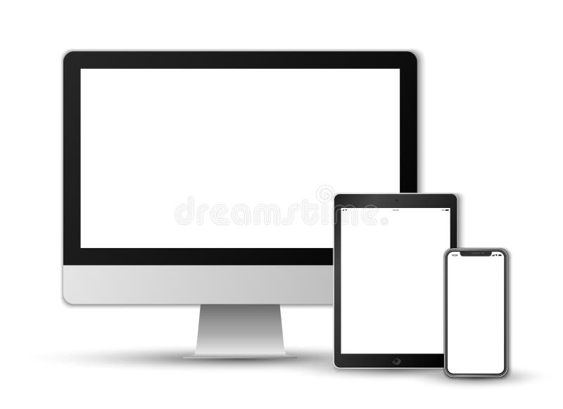 Vettore realistico fissato su fondo bianco di uno smartphone colorato nero moderno, di una compressa e di uno schermo di computer illustrazione vettoriale