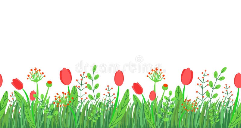Vettore senza cuciture del confine dell'erba della primavera con i fiori per i modelli di pasqua Elemento floreale della pianta d royalty illustrazione gratis Vettore senza cuciture del confine dell'erba della primavera con i fiori per i modelli di pasqua Elemento floreale della pianta d royalty illustrazione gratis