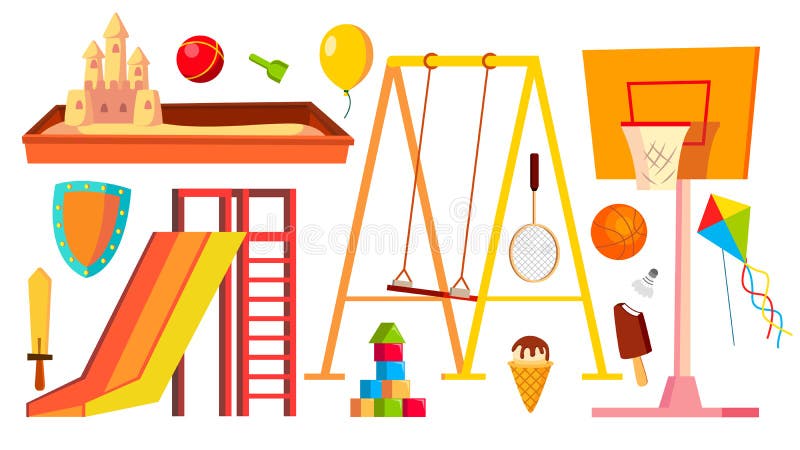 Vettore stabilito dell'attrezzatura del campo da giuoco Bambini, campo giochi dei bambini Sabbiera di asilo, oscillazioni, scorre royalty illustrazione gratis Vettore stabilito dell'attrezzatura del campo da giuoco Bambini, campo giochi dei bambini Sabbiera di asilo, oscillazioni, scorre royalty illustrazione gratis