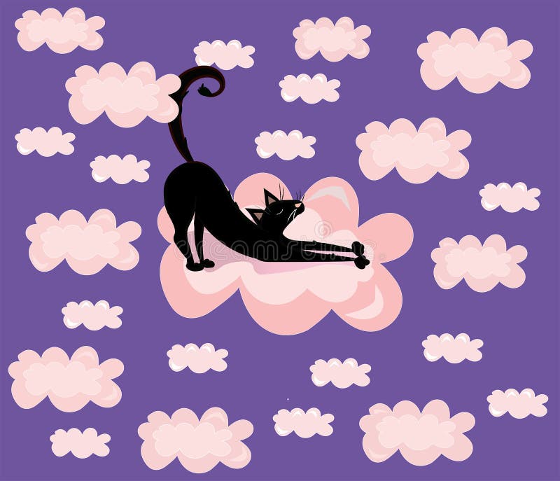 Vettore sveglio, divertente, illustrazione del fumetto, stampa con il gatto nero nei precedenti viola delle nuvole di rosa royalty illustrazione gratis Vettore sveglio, divertente, illustrazione del fumetto, stampa con il gatto nero nei precedenti viola delle nuvole di rosa royalty illustrazione gratis
