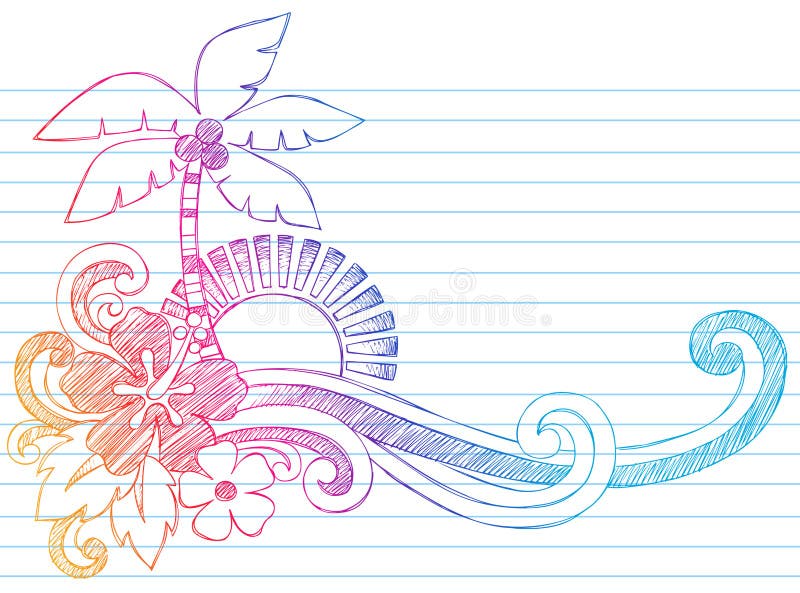 Summer Hibiscus and Palm Tree Tropical Beach Vacation Sketchy Notebook Doodles Vector Illustration on Lined Sketchbook Paper Background. Summer Hibiscus and Palm Tree Tropical Beach Vacation Sketchy Notebook Doodles Vector Illustration on Lined Sketchbook Paper Background