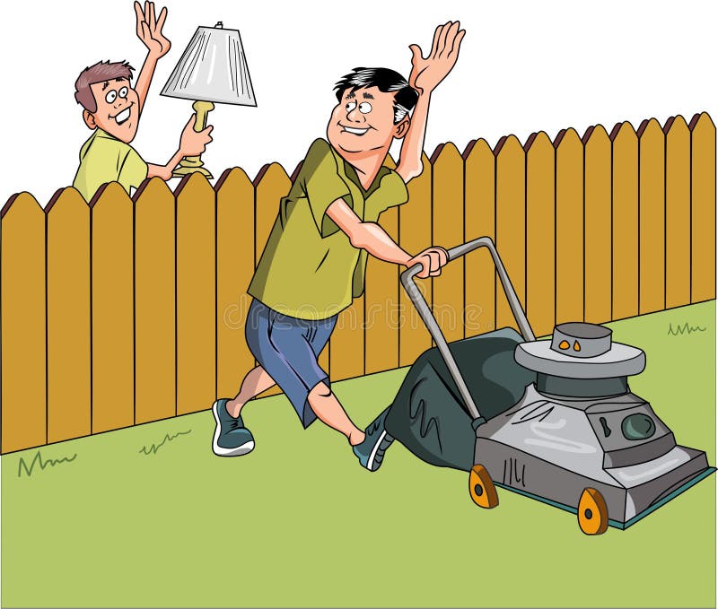 Vector - neighbors cartoon waving each other white background editable file. Vector - neighbors cartoon waving each other white background editable file